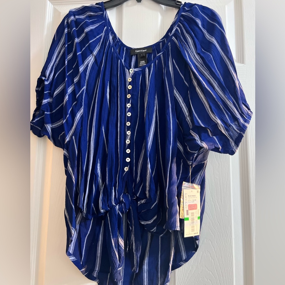 Karen Kane Blue Wave Tie Front Button Up NWT